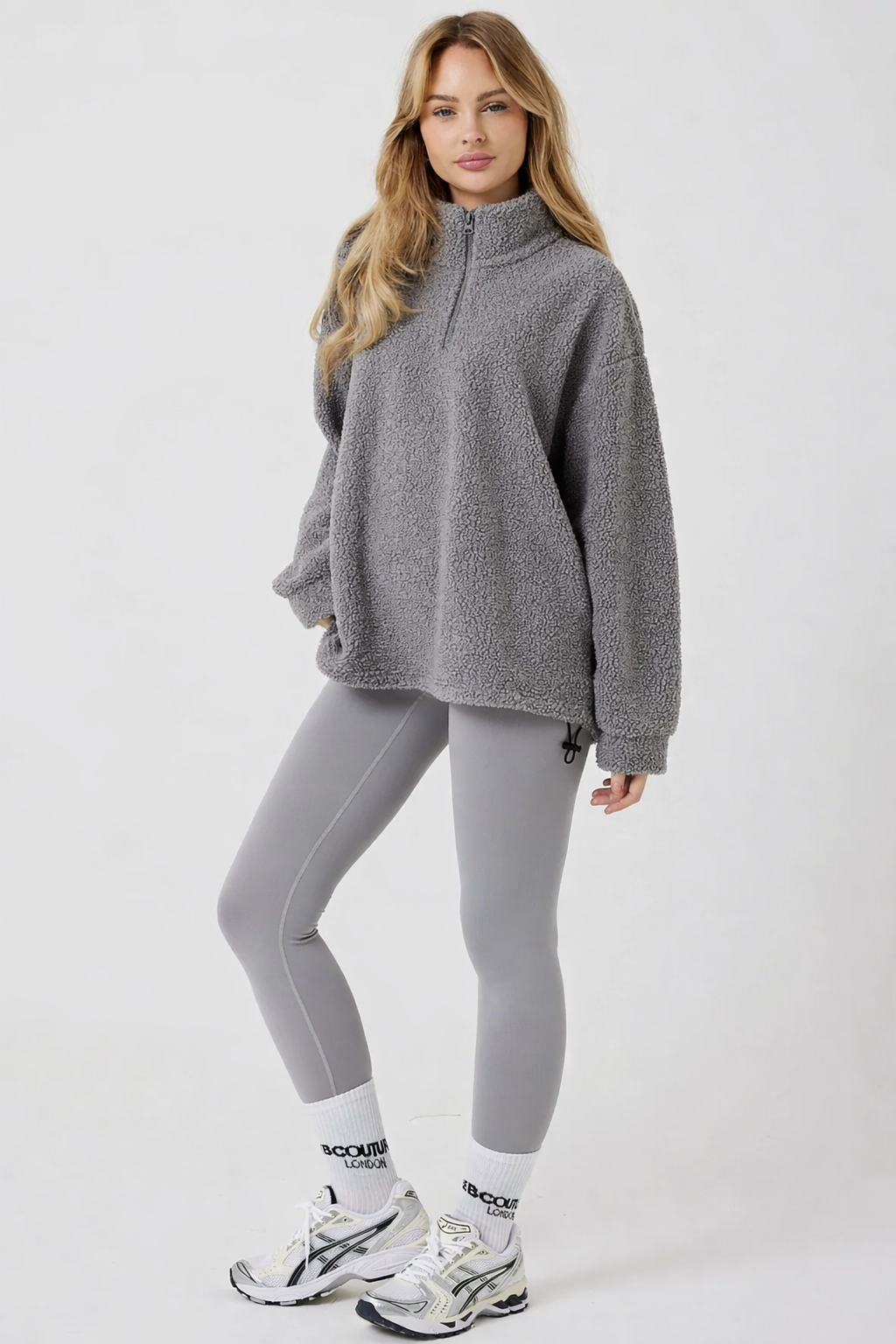 Womens Leggings & Jumper Set, Borg Fleece 1/4 Zip Funnel Neck, In