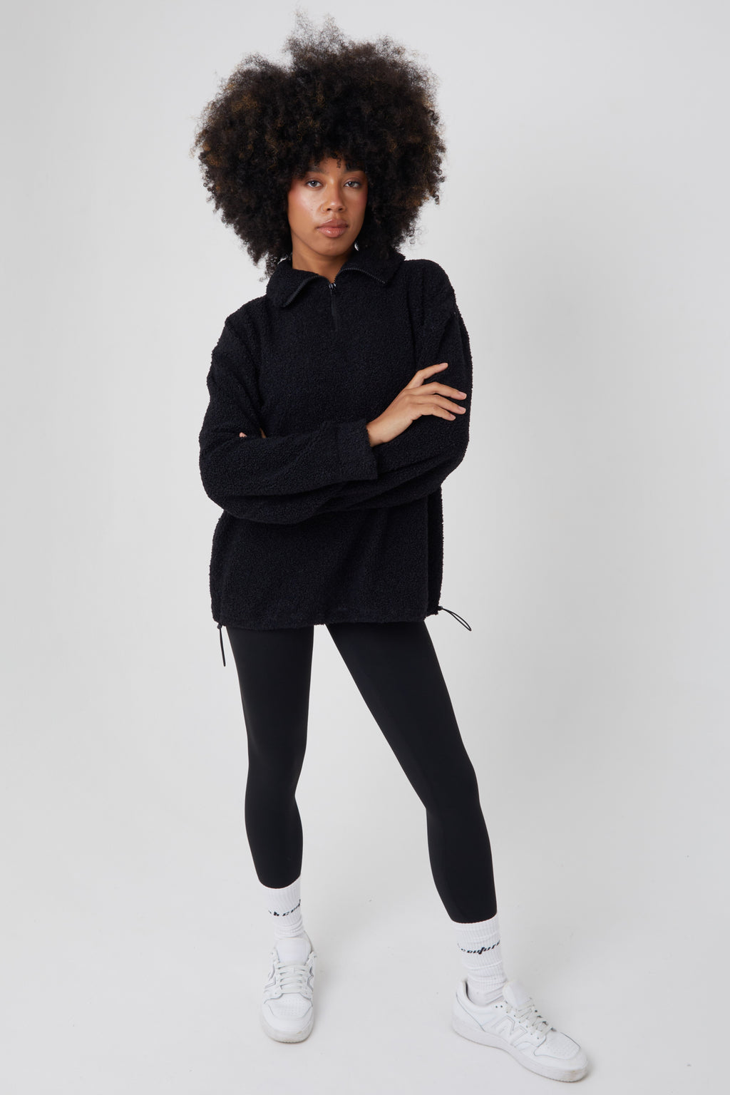 Womens Leggings & Jumper Set, Fleece 1/4 Zip Funnel Neck, In Black