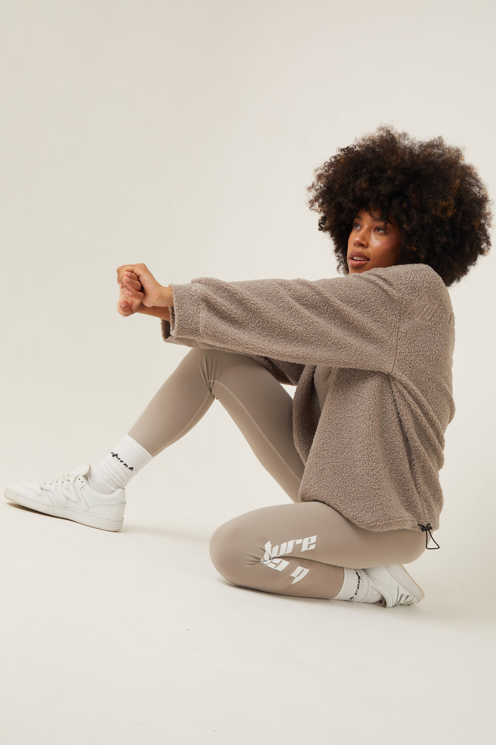 Womens Leggings & Jumper Set, Fleece 1/4 Zip Funnel Neck, In Stone