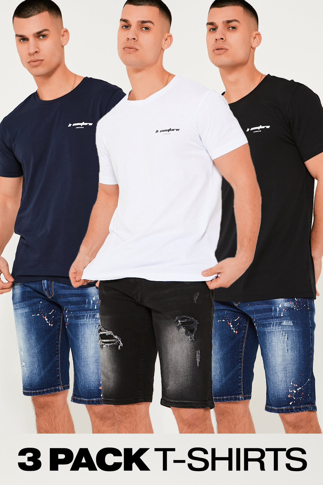 Longmoore 3-Pack Regular Cotton T-Shirt - Black/Navy/White