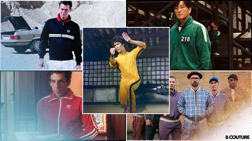 A collage of iconic movie and TV tracksuits featuring Bruce Lee in Game of Death, Danny Dyer in The Business, the teal Squid Game uniform, Chas Tenenbaum’s red set, and Colin Farrell as Coach in The Gentlemen.