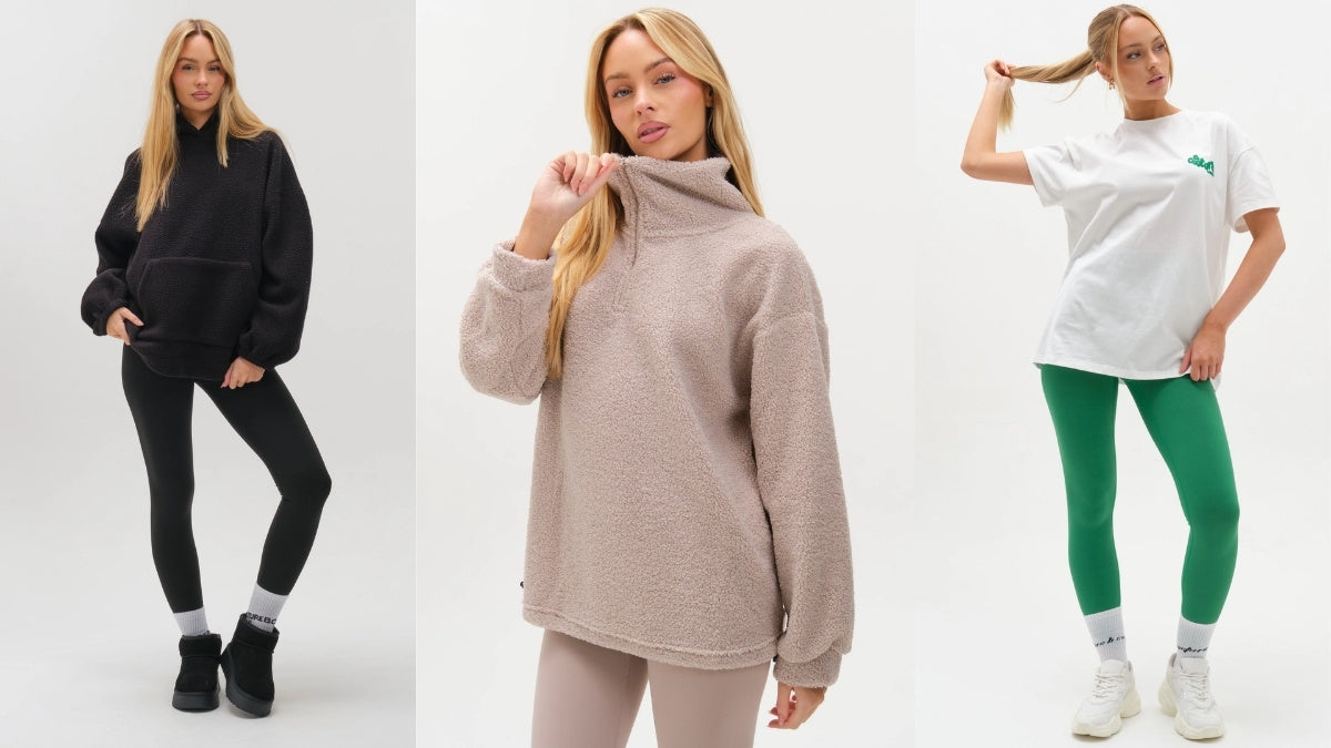 collage of a you woman wearing legging sets. a thick hoodie with leggings in black. a borg quarter zip jumper in beige. green leggings with a white t-shirt