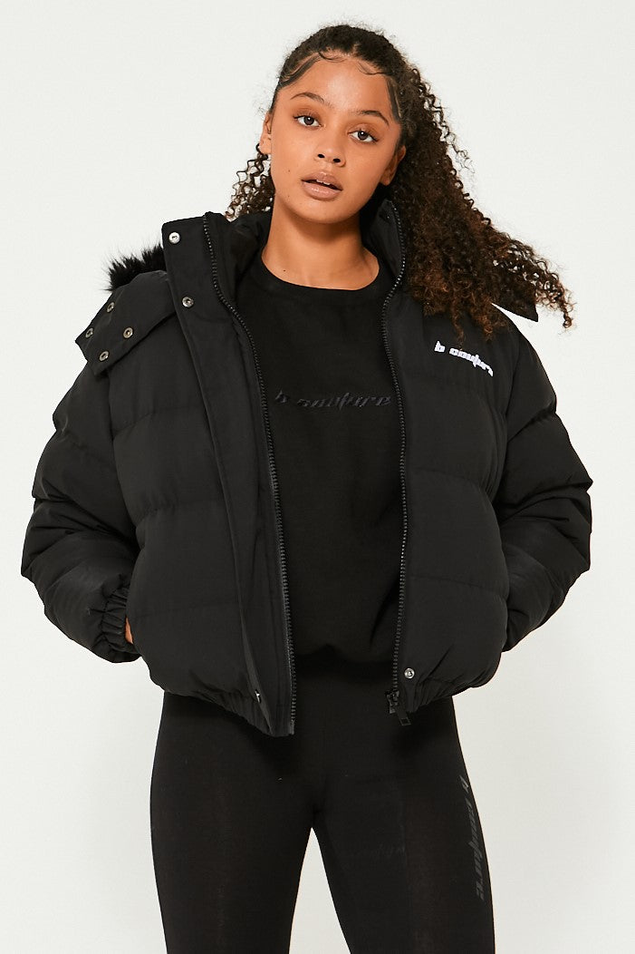 Womens Cropped Puffer Winter Jacket, With Detachable Faux Fur Hood