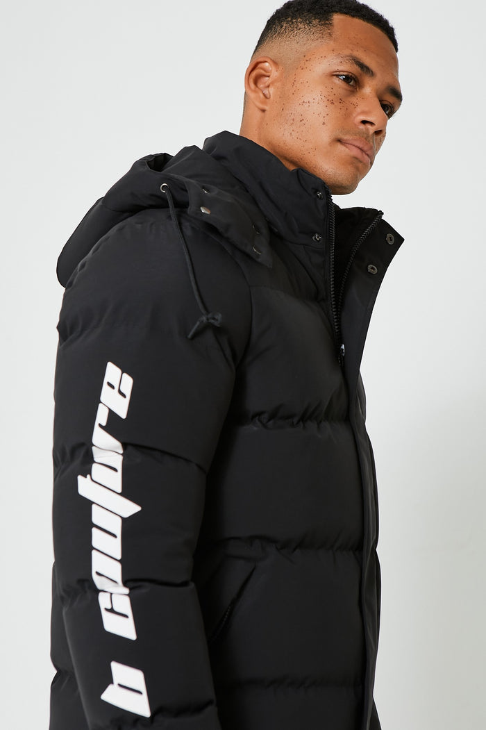 Mens Padded Winter Puffer Jacket, With Detachable Hood In Black B Couture