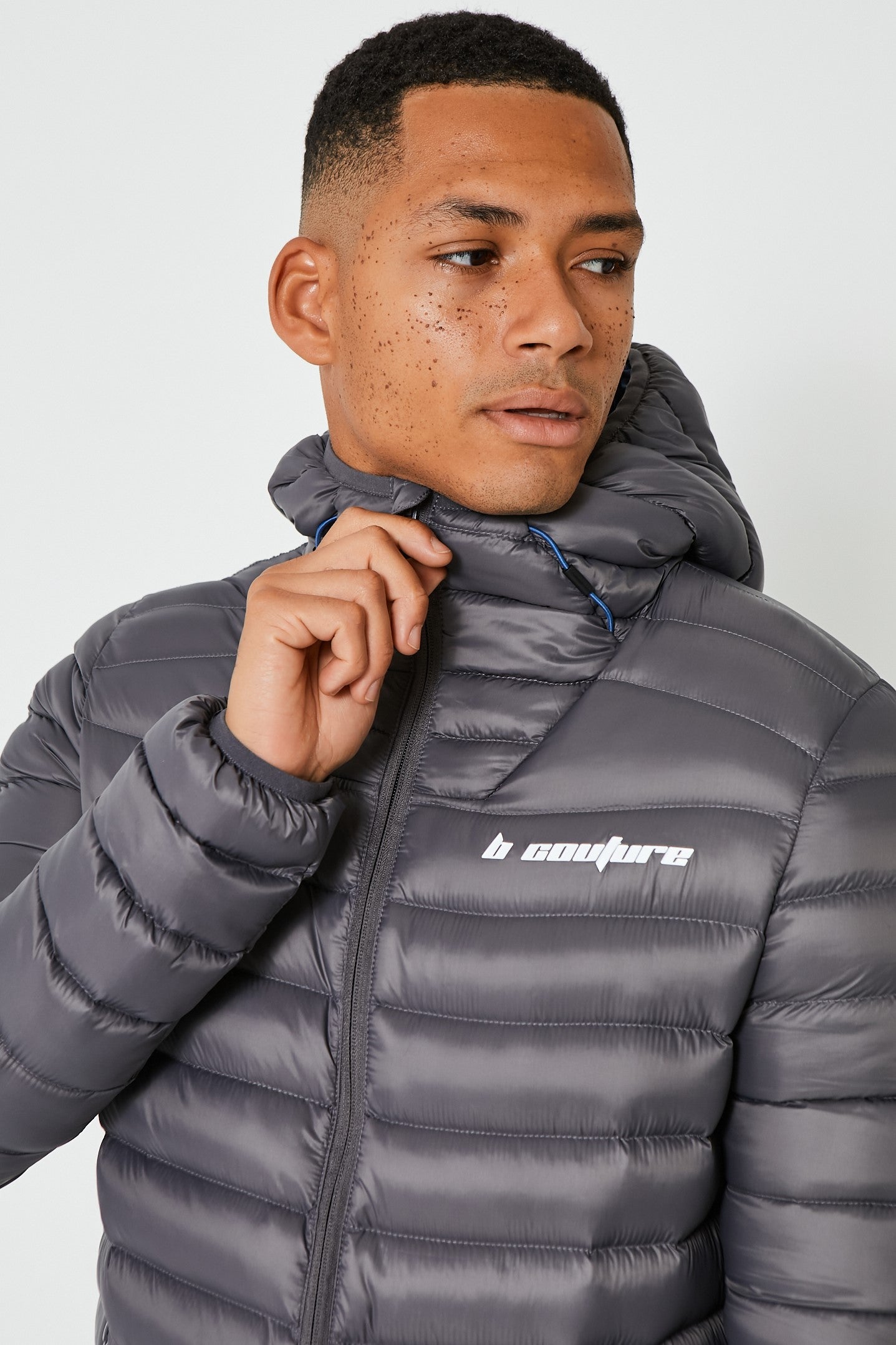 Mens Lightweight Down Jacket, Hooded With Chin Guard In Dark Grey B