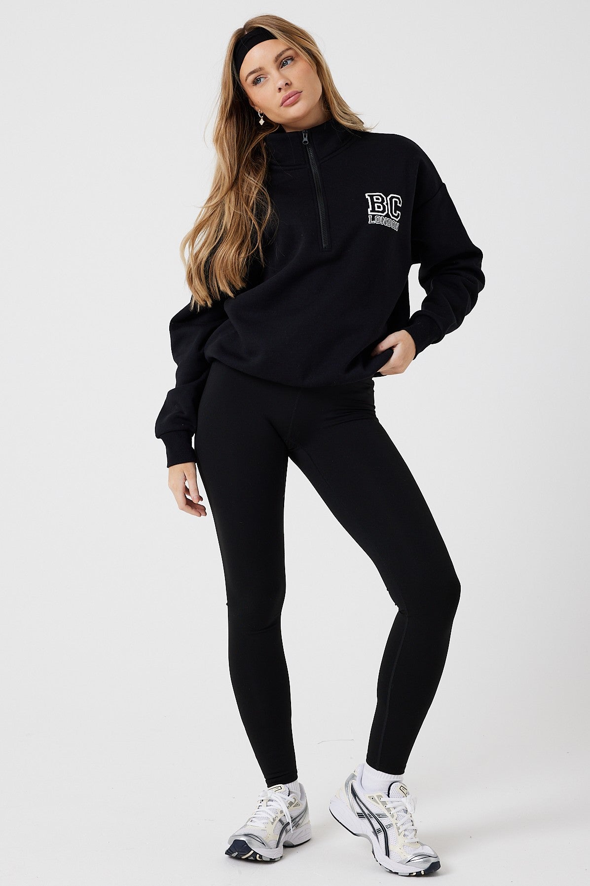 Women's Black Leggings & Black Half-Zip Sweatshirt Set – B Couture