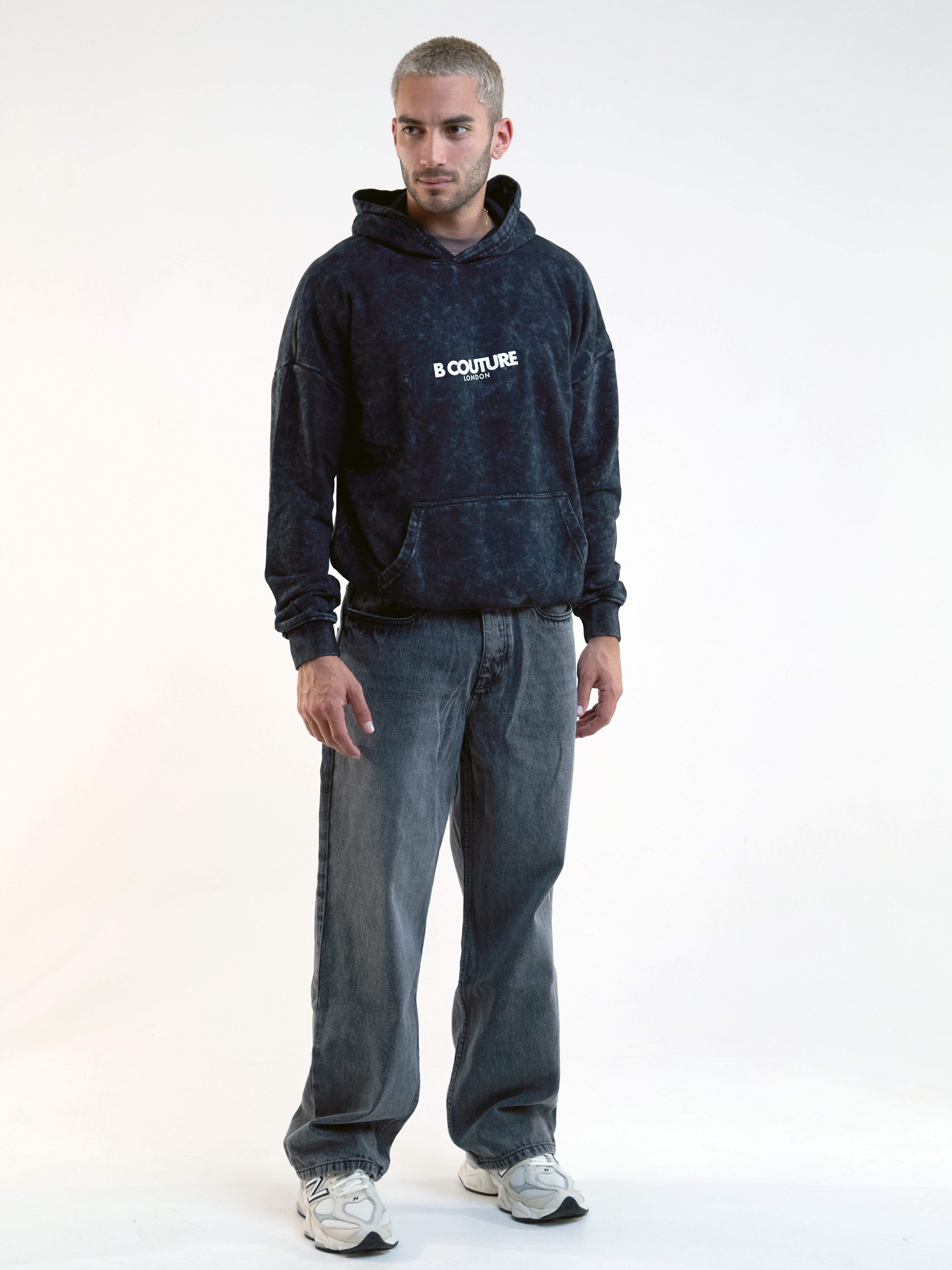 Mens Black Acid Wash Hoodie, Oversized Fit, Fleece – B Couture