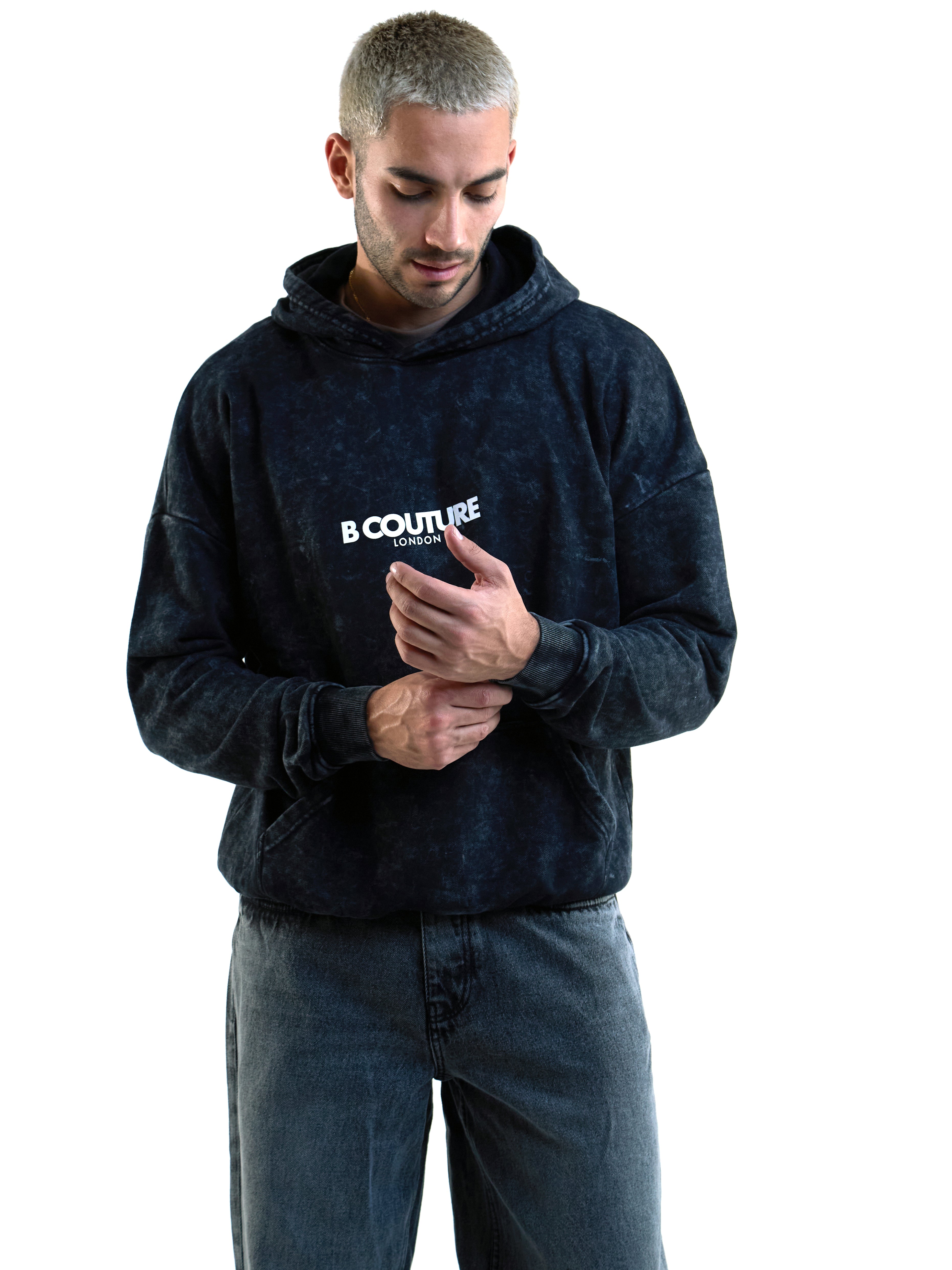 Mens Black Acid Wash Hoodie, Oversized Fit, Fleece – B Couture