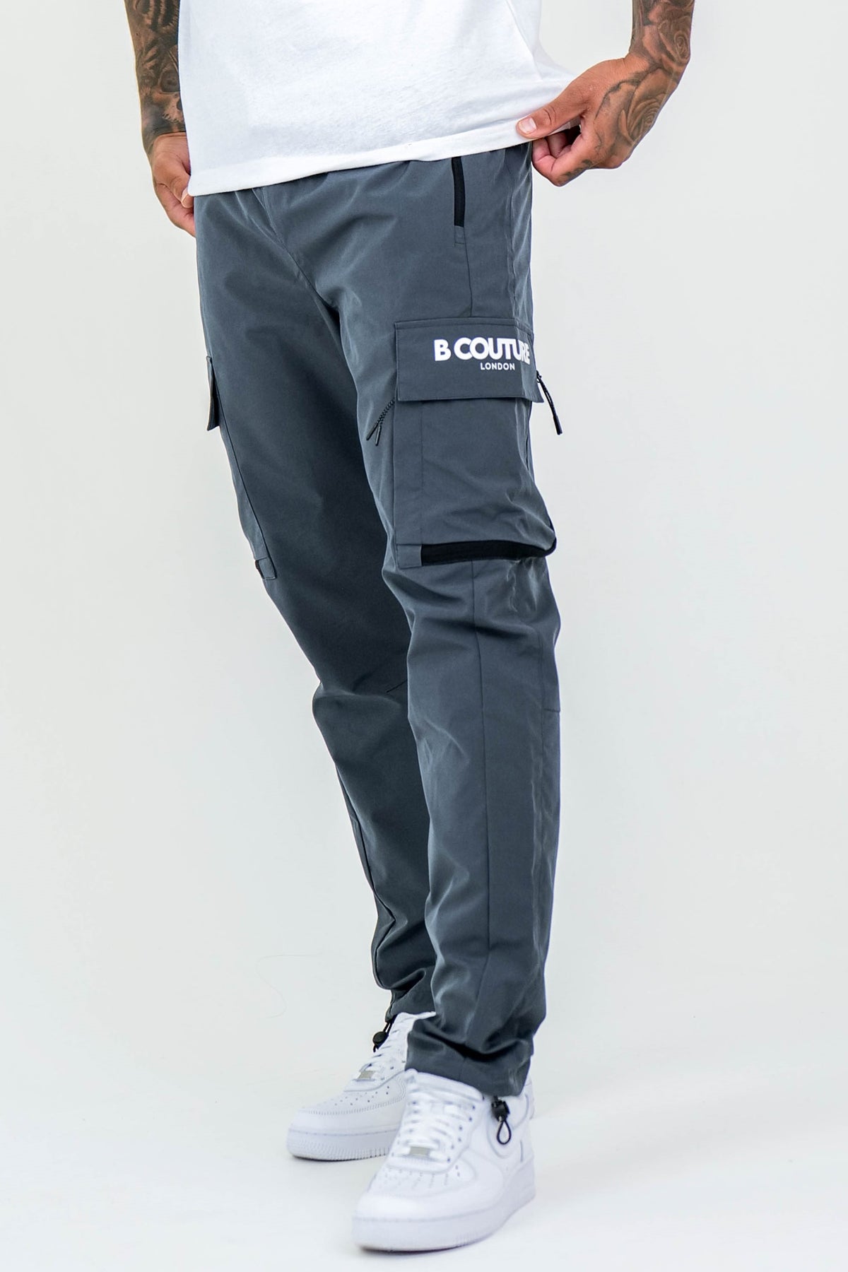 Men's Grey Cargo Pants, Tech Style Tapered Fit Elasticated Waist â B Couture