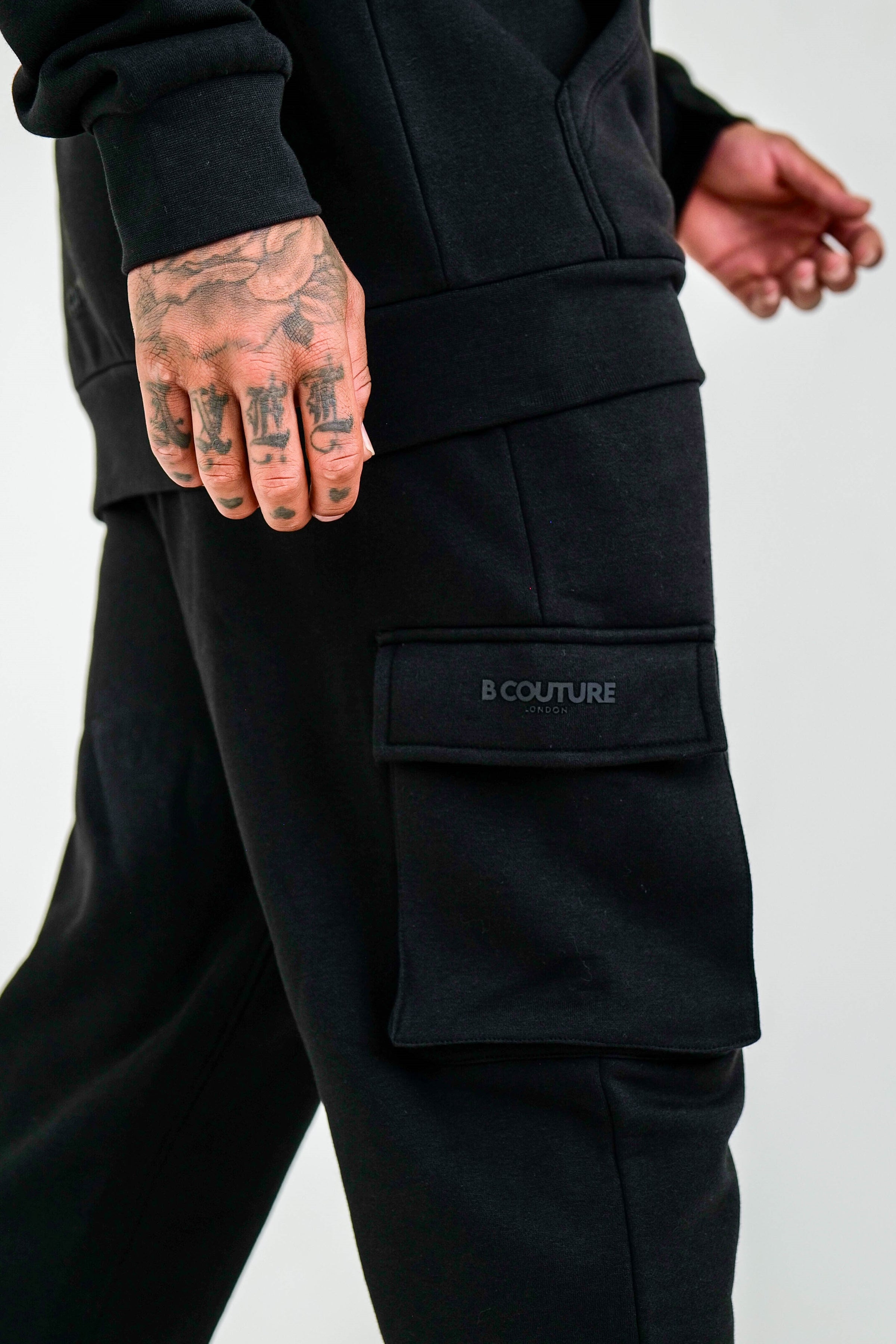 Mens Full Tracksuit Set, Fleece Hoodie & Cargo Joggers, In Black B