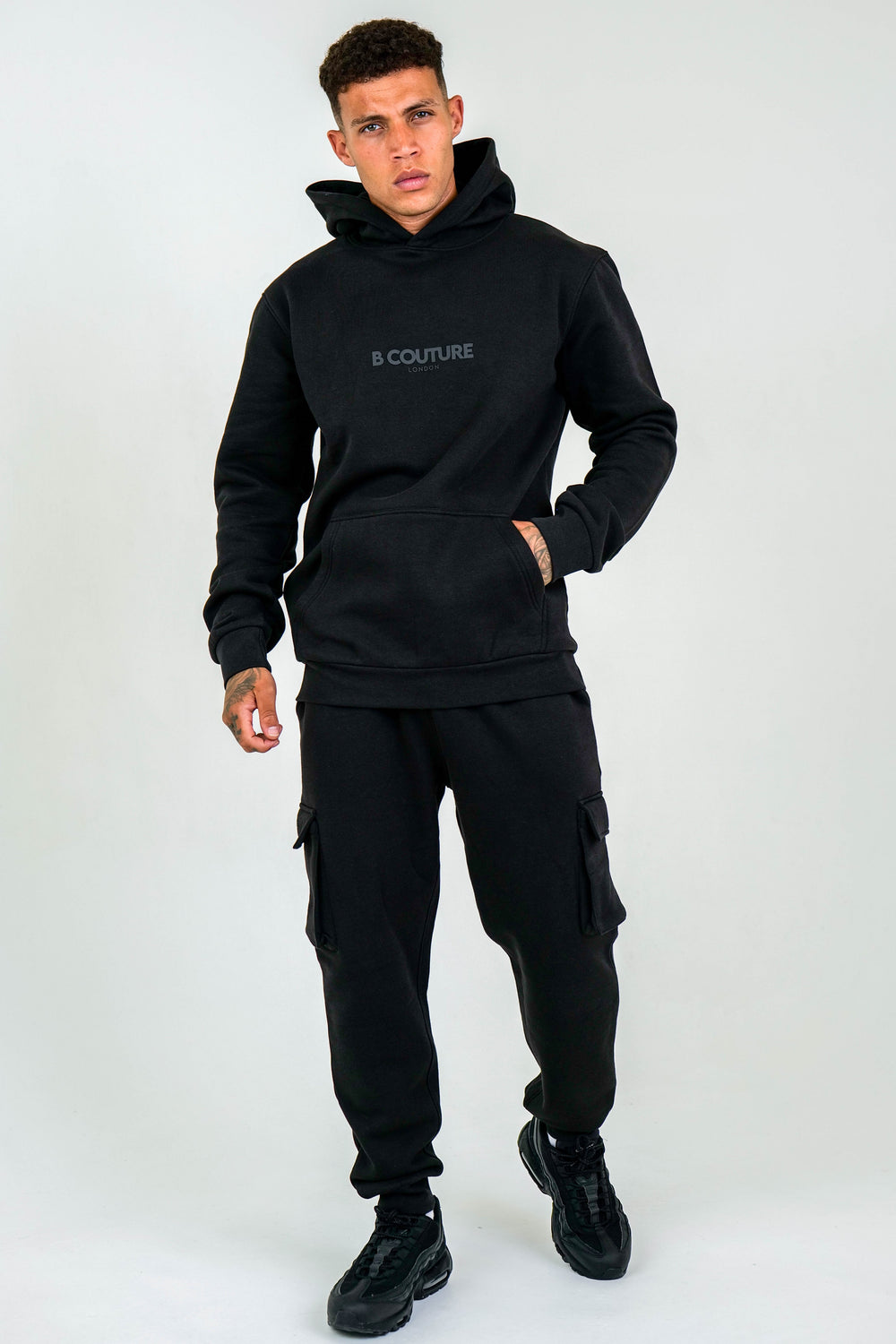 Mens Full Tracksuit Set, Fleece Hoodie & Cargo Joggers, In Black B