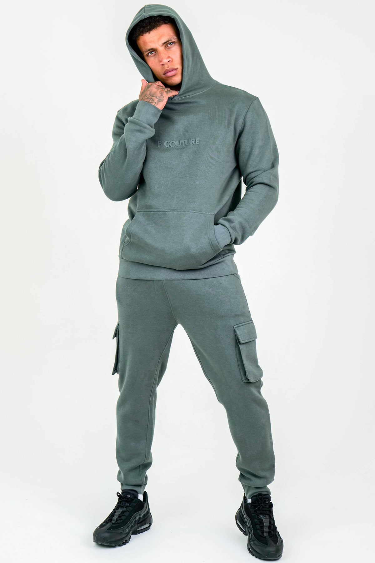 Mens Full Tracksuit Set, Fleece Hoodie Cargo Joggers, In Gun
