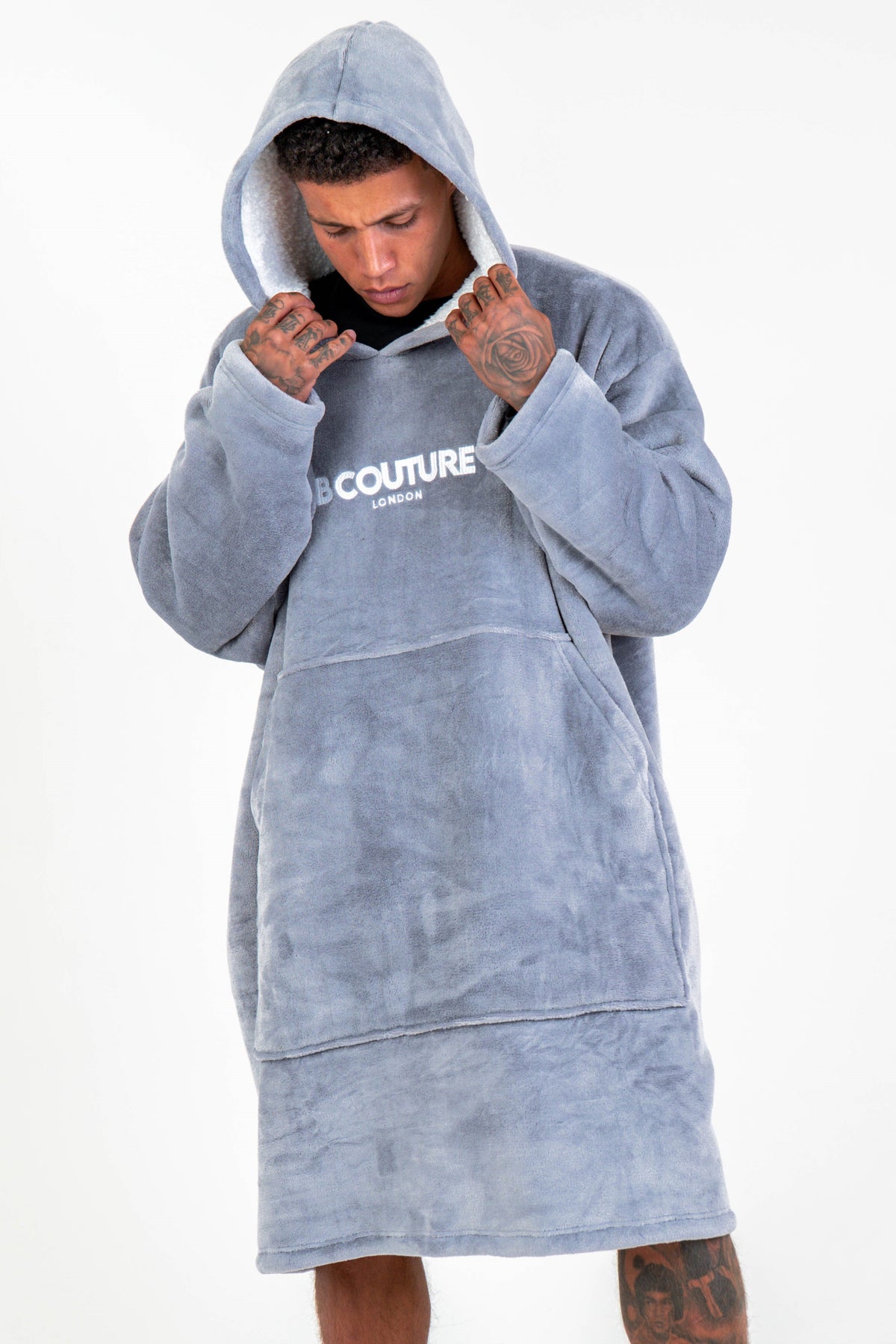 Mens Wearable Blanket Hoodie, Doubleweight Fleece Robe In Grey – B