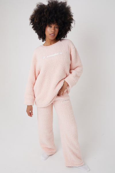 Womens Teddy Fleece Pyjama Set, Long Sleeve Top & Full Length Bottoms, In  Pink – B Couture