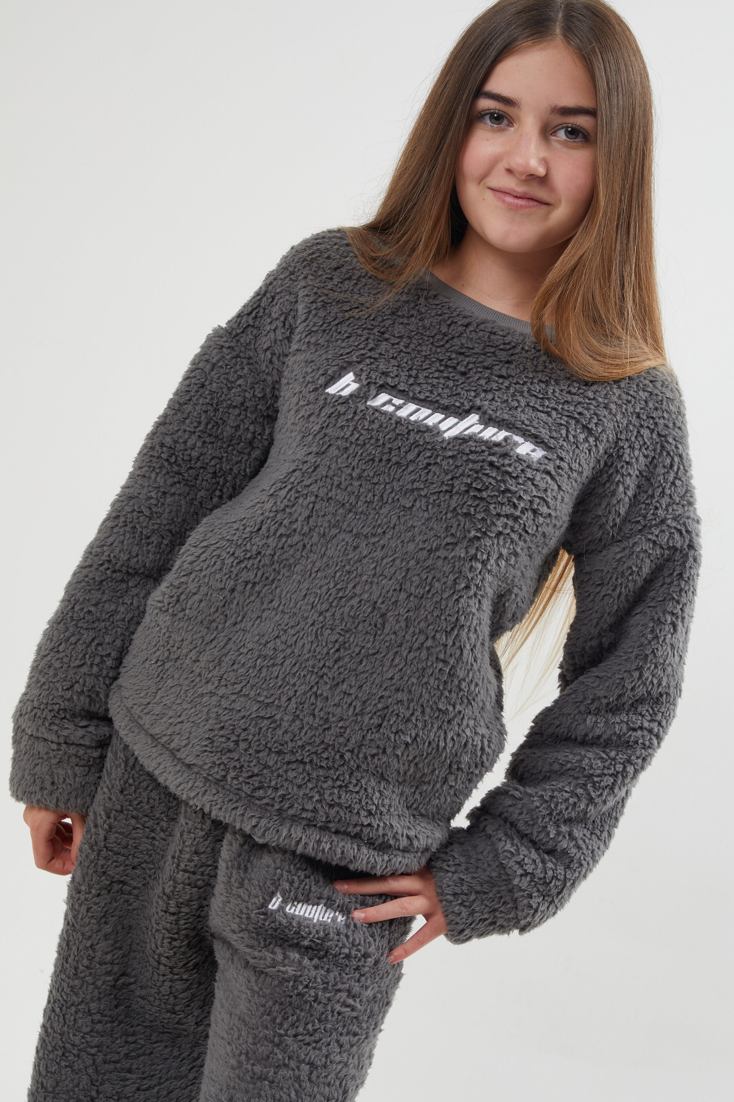 Girls Teddy Fleece Pyjama Set, Full Length Sleeves & Leg, Fluffy & Warm, In Grey – B Couture