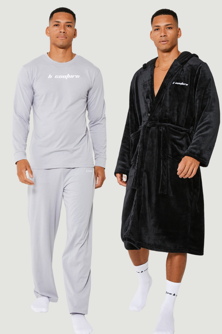 Fleece Dressing Gown & Cotton PJ Set Bundle - Black/Grey
