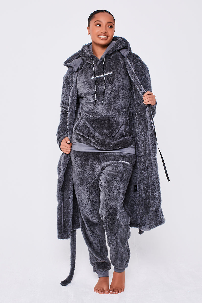 Curves Pale Grey Fluffy Leopard Print Trim Hooded Dressing Gown | New Look